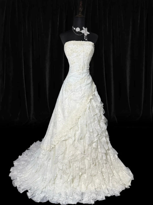 Vintage Long Wedding Gowns 70s Unique Dresses Mermaid Strapless Style for Bride Tulle With Lace White Petite/Plus Size Bridal Gown AS036