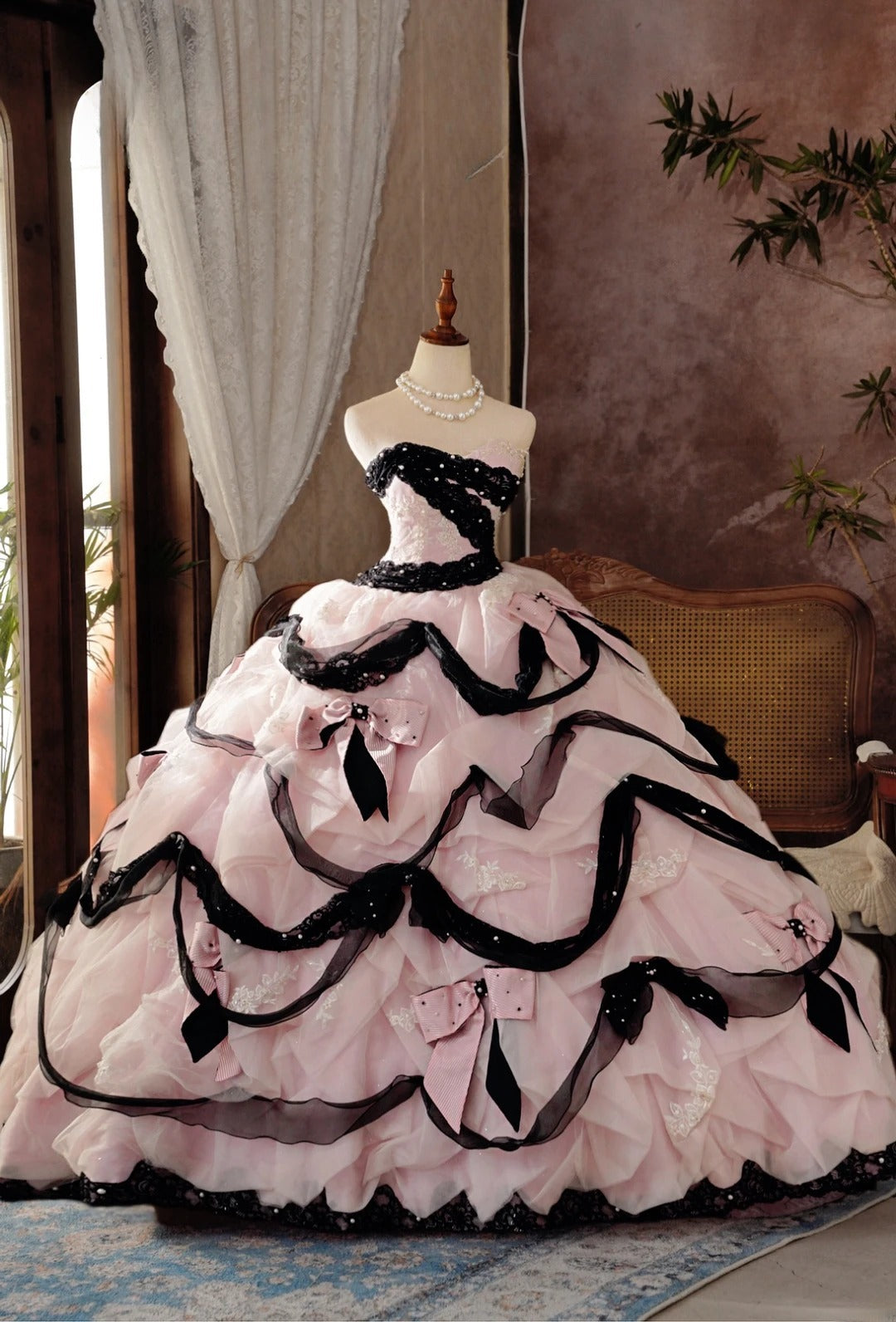 Pink Tulle Quinceanera Dress With Tiered Ruffles Ball Gown Strapless Sweet 15 Birthday Gown RB9031