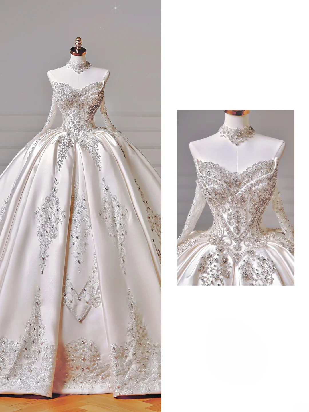 Princess Long Wedding Gowns Ball Gown Off The Shoulder Satin For Bride With Long Sleeves Train Bridal Dresses AQ037