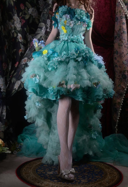 Fairytale High Low Spaghetti Strap Blue Tulle With Flowers Tiered Long Prom Dresses Formal Outfit Evening Night Dress RB8062