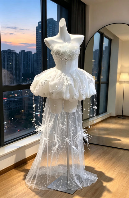 Wedding Dress Fairytale Ball Gown Strapless Short White With Beading Mini Bridal Gown RC0996