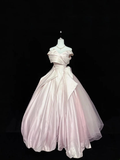Classy Ball Gown Off The Shoulder Pink Satin With Ruffled Quince Dress Voluminous Sweet 16 Quinceanera Dresses Vestido de RB7408
