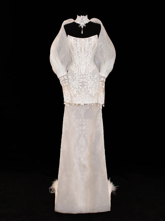 Wedding Gowns Dresses Elegant Modest for Bride Mermaid Strapless With Sleeves Cape White Petite/Plus Size Bridal Gown For Women SA037