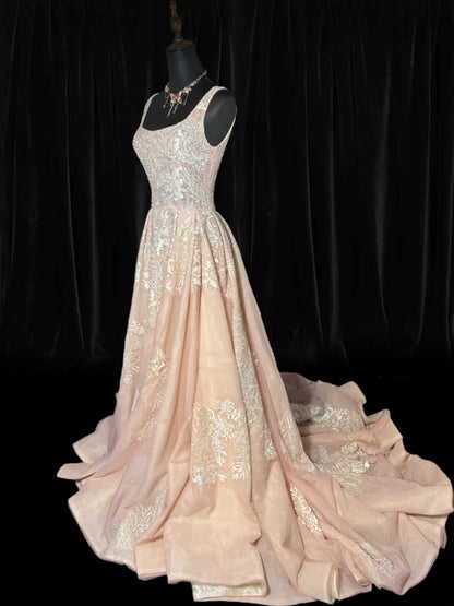 Dreamy A line Square Neck Pink Tulle With Appliques Lace Victorian Long Vintage Fitted 1920s Wedding Dresses AS037