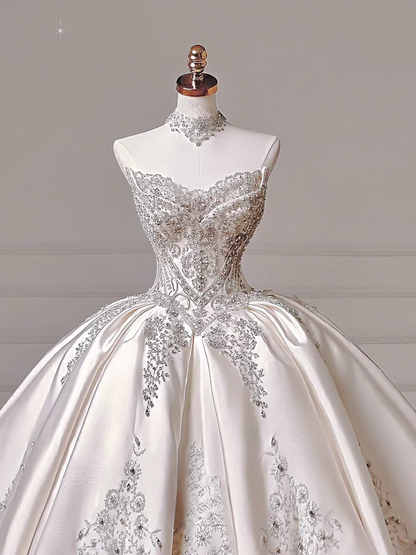 Princess Long Wedding Gowns Ball Gown Off The Shoulder Satin For Bride With Long Sleeves Train Bridal Dresses AQ037