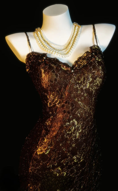 Brown Prom Dress Mermaid Lace Spaghetti Straps Modest Floor Length Formal Party Gown RB9839