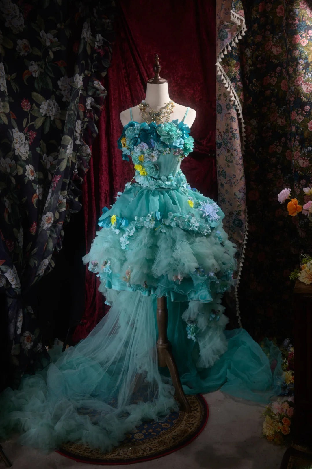 Fairytale High Low Spaghetti Strap Blue Tulle With Flowers Tiered Long Prom Dresses Formal Outfit Evening Night Dress RB8062