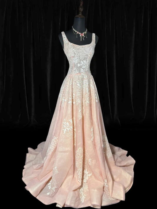 Dreamy A line Square Neck Pink Tulle With Appliques Lace Victorian Long Vintage Fitted 1920s Wedding Dresses AS037