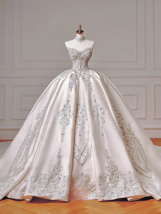 Princess Long Wedding Gowns Ball Gown Off The Shoulder Satin For Bride With Long Sleeves Train Bridal Dresses AQ037