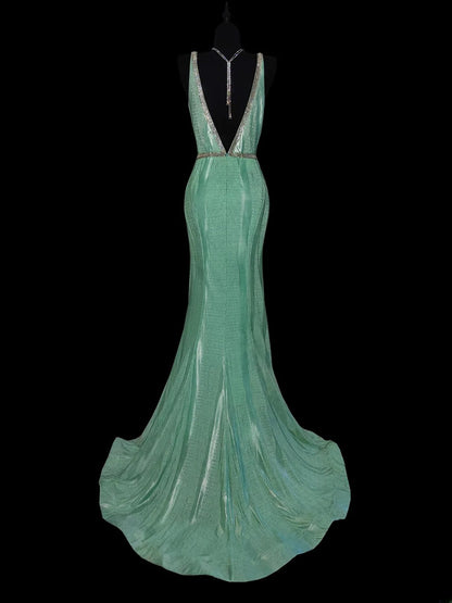 Modest Mermaid V Neck Mint Green Long Evening Dresses High School Teens Senior Night Dance Prom Dress AS037