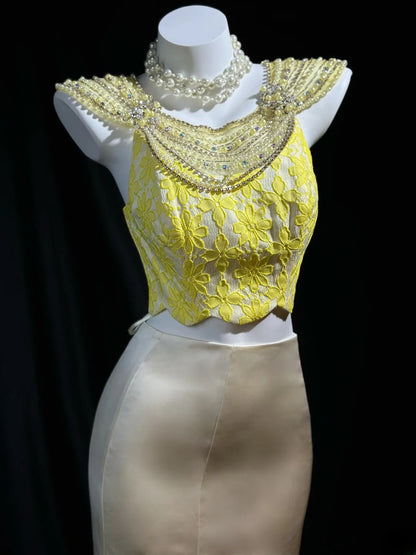 Classy Prom Dresses Mermaid 2 Pieces Yellow Satin With Lace Sleeveless Evening Dress Formal Outfits RB5845
