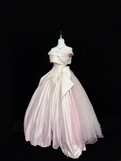 Classy Ball Gown Off The Shoulder Pink Satin With Ruffled Quince Dress Voluminous Sweet 16 Quinceanera Dresses Vestido de RB7408