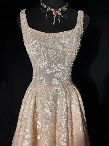 Dreamy A line Square Neck Pink Tulle With Appliques Lace Victorian Long Vintage Fitted 1920s Wedding Dresses AS037