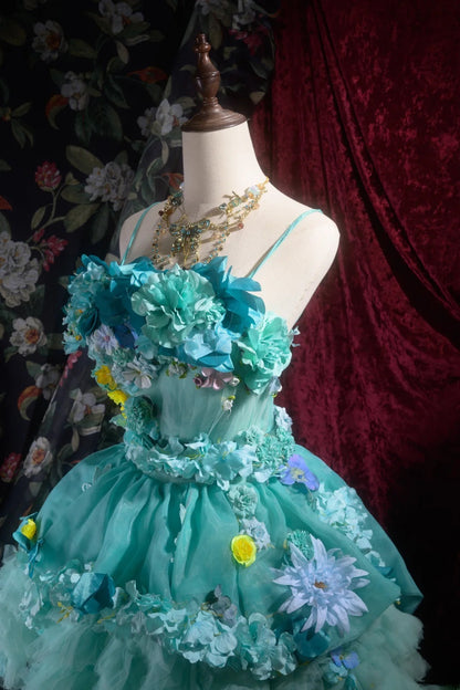 Fairytale High Low Spaghetti Strap Blue Tulle With Flowers Tiered Long Prom Dresses Formal Outfit Evening Night Dress RB8062