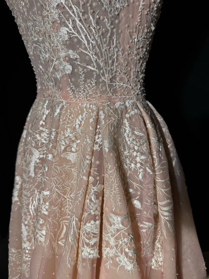 Dreamy A line Square Neck Pink Tulle With Appliques Lace Victorian Long Vintage Fitted 1920s Wedding Dresses AS037