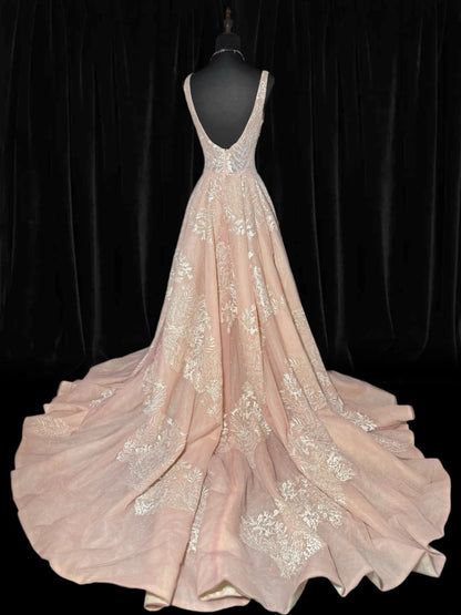 Dreamy A line Square Neck Pink Tulle With Appliques Lace Victorian Long Vintage Fitted 1920s Wedding Dresses AS037