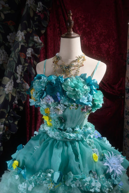 Fairytale High Low Spaghetti Strap Blue Tulle With Flowers Tiered Long Prom Dresses Formal Outfit Evening Night Dress RB8062