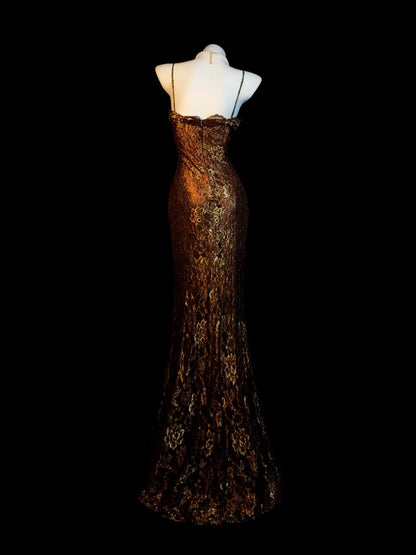 Brown Prom Dress Mermaid Lace Spaghetti Straps Modest Floor Length Formal Party Gown RB9839