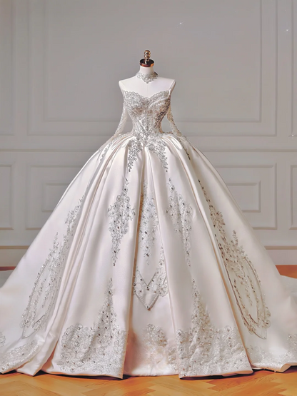 Princess Long Wedding Gowns Ball Gown Off The Shoulder Satin For Bride With Long Sleeves Train Bridal Dresses AQ037