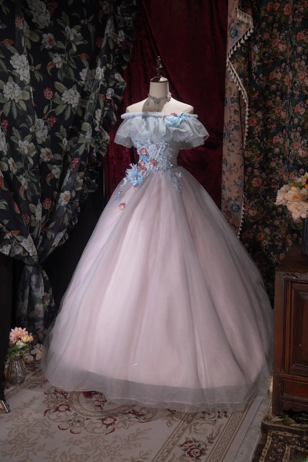 Charming Ball Gown Off The Shoulder Blue Pink With Appliqued Long Quince Dress Quinceanera Dresses Formal Birthday Outfits RB8063