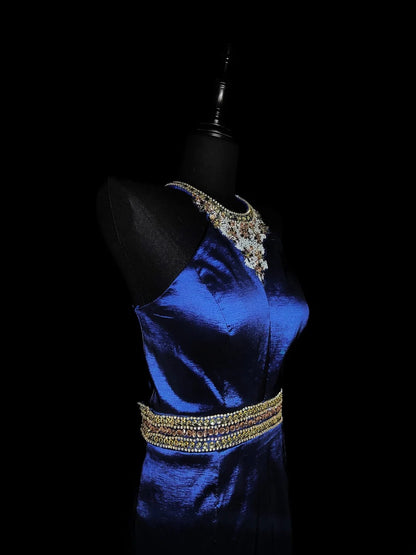 Vintage 1950s Mermaid Halter Royal Blue Taffeta With Silver Beading Long Prom Dresses High School Senior Graduation Dance Evening Outfits AS038