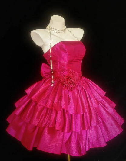 Vintage Ball Gown Strapless Hot Pink Satin Hoco Gowns Short Birthday Dress Homecoming Dresses Hoco Gown AS038