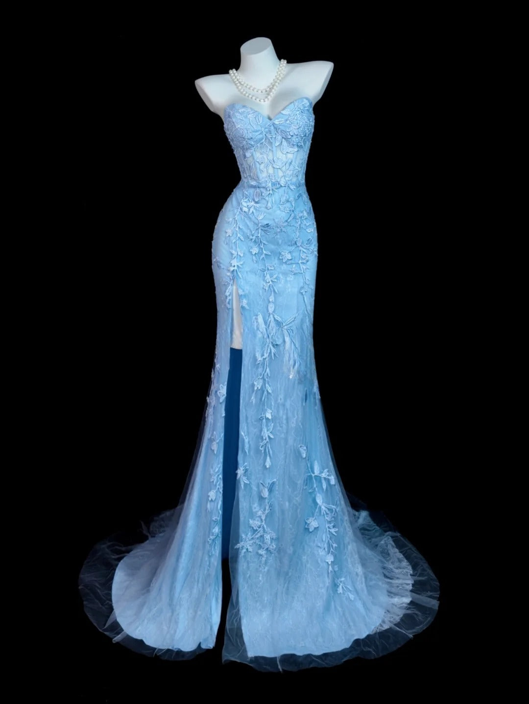 Light Sky Blue Prom Dress Inspo Mermaid Sweetheart Lace Modest With Slit Formal Party Gown RB9840