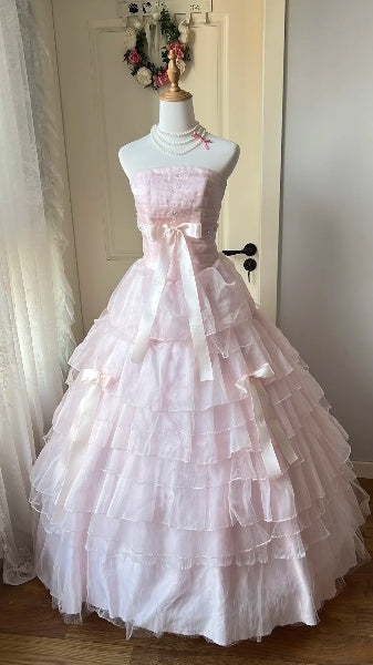 Sweet 16 Dresses Long Strapless Pink With Tiered Layers Ball Gown Sweet Sixteen Birthday Gown RC0408