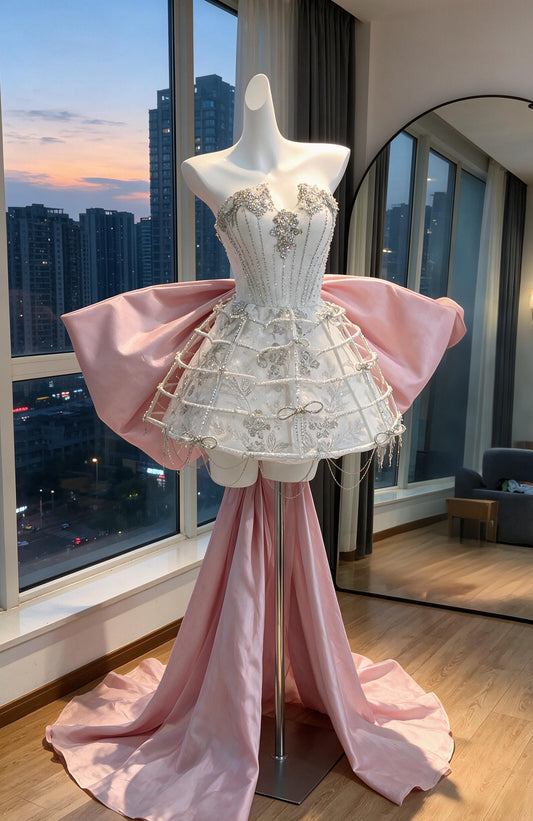 Wedding Dress Fairytale Ball Gown Strapless Short White With Pink Bow Beading Mini Bridal Gown RC0997