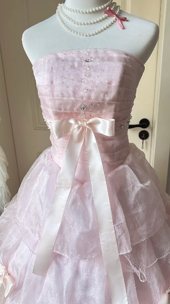 Sweet 16 Dresses Long Strapless Pink With Tiered Layers Ball Gown Sweet Sixteen Birthday Gown RC0408
