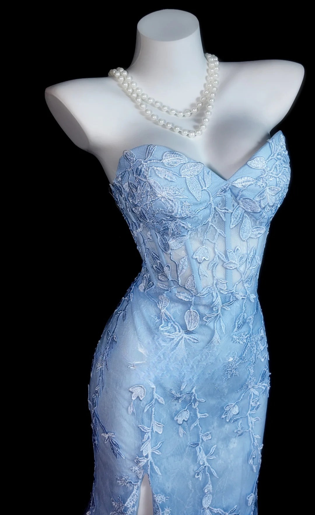 Light Sky Blue Prom Dress Inspo Mermaid Sweetheart Lace Modest With Slit Formal Party Gown RB9840