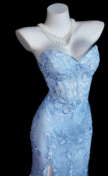 Light Sky Blue Prom Dress Inspo Mermaid Sweetheart Lace Modest With Slit Formal Party Gown RB9840
