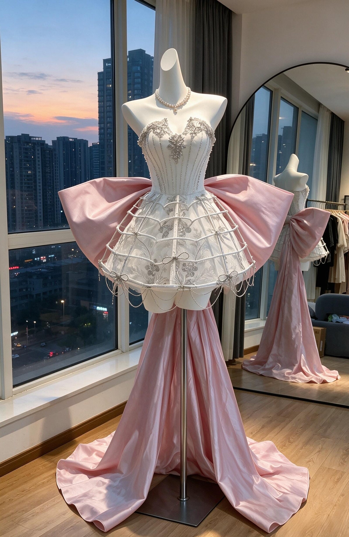 Wedding Dress Fairytale Ball Gown Strapless Short White With Pink Bow Beading Mini Bridal Gown RC0997