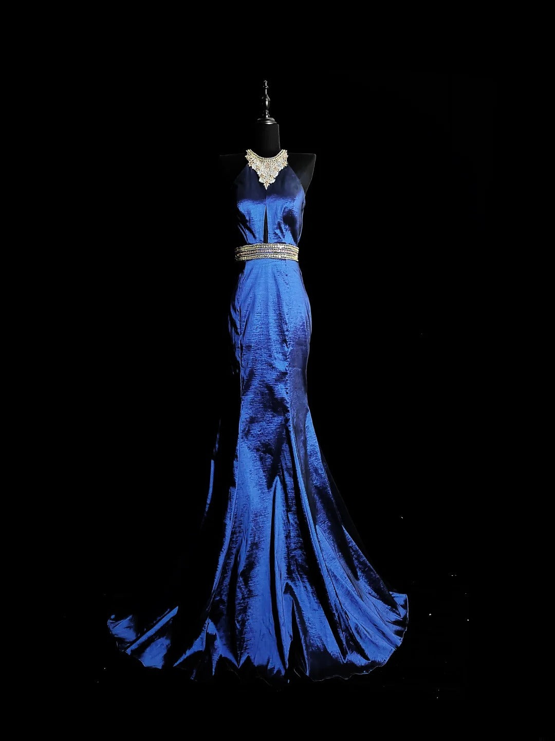 Vintage 1950s Mermaid Halter Royal Blue Taffeta With Silver Beading Long Prom Dresses High School Senior Graduation Dance Evening Outfits AS038