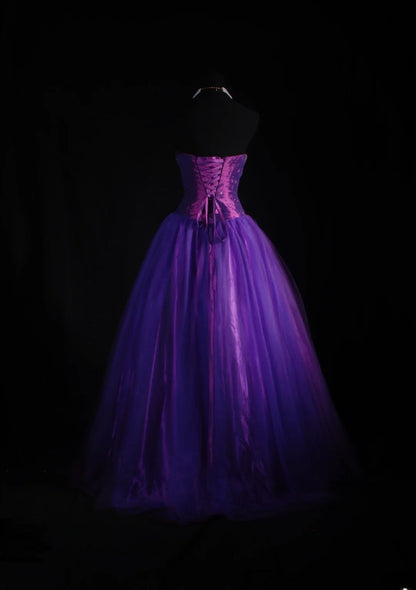 Vintage 90s Prom Dresses Women Ball Gown Strapless Purple Tulle Long Formal Dance Evening Party Gowns AS038