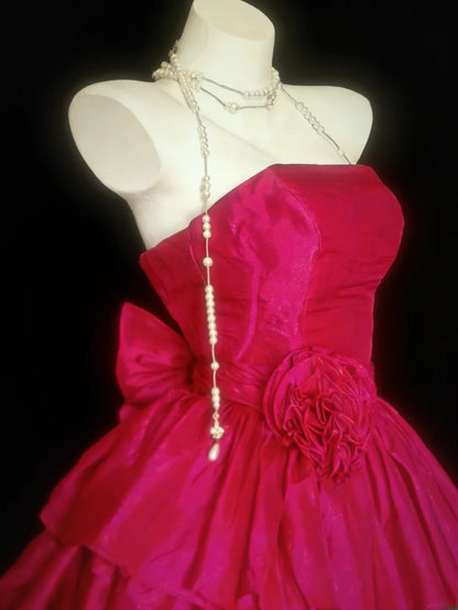 Vintage Ball Gown Strapless Hot Pink Satin Hoco Gowns Short Birthday Dress Homecoming Dresses Hoco Gown AS038