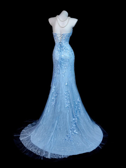 Light Sky Blue Prom Dress Inspo Mermaid Sweetheart Lace Modest With Slit Formal Party Gown RB9840