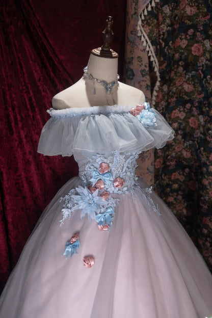 Charming Ball Gown Off The Shoulder Blue Pink With Appliqued Long Quince Dress Quinceanera Dresses Formal Birthday Outfits RB8063