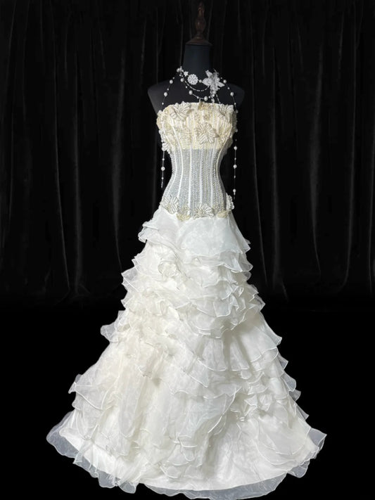 Vintage Long Wedding Gowns 70s Unique Dresses Mermaid Strapless Bohemian Style for Bride Tulle With Lace White Petite/Plus Size Bridal Gown AS038