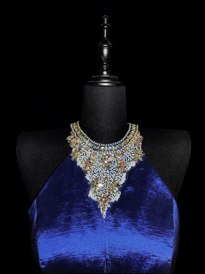 Vintage 1950s Mermaid Halter Royal Blue Taffeta With Silver Beading Long Prom Dresses High School Senior Graduation Dance Evening Outfits AS038
