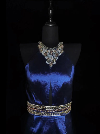 Vintage 1950s Mermaid Halter Royal Blue Taffeta With Silver Beading Long Prom Dresses High School Senior Graduation Dance Evening Outfits AS038