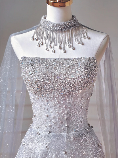 Modest Prom Dresses Aesthetic Ball Gown Strapless Blue Sequin With Scarf Impress Long Party Formal Gown For Teens High Schools Girls AQ038