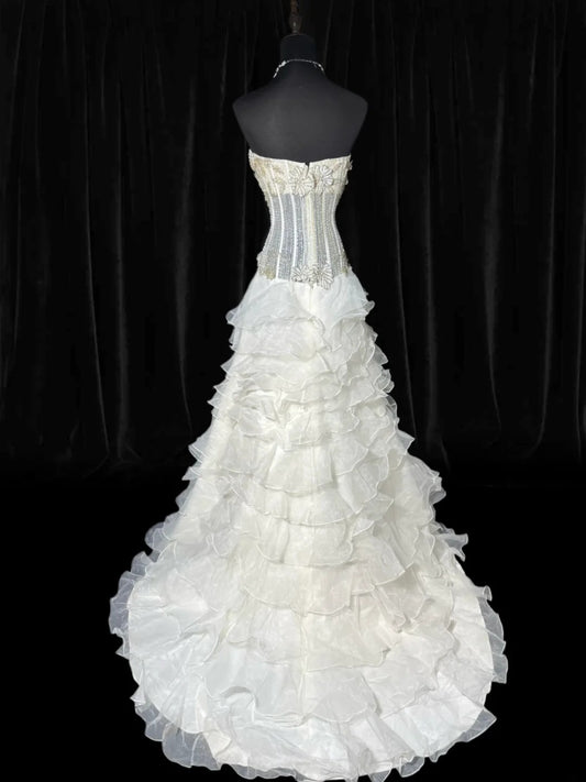 Vintage Long Wedding Gowns 70s Unique Dresses Mermaid Strapless Bohemian Style for Bride Tulle With Lace White Petite/Plus Size Bridal Gown AS038