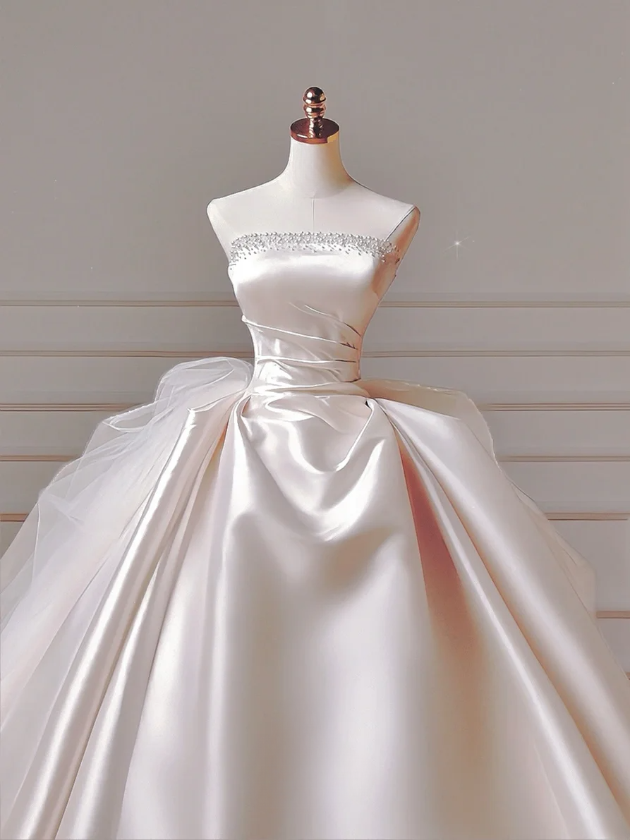 Princess Long Wedding Gowns Ball Gown Strapless Satin For Bride With Beads Train Bridal Dresses AQ039