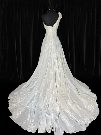 Women's Ball Gown One Shoulder Sleeveless White Lace Tiered Satin Long Vintage Fitted 70s Wedding Dresses AS039