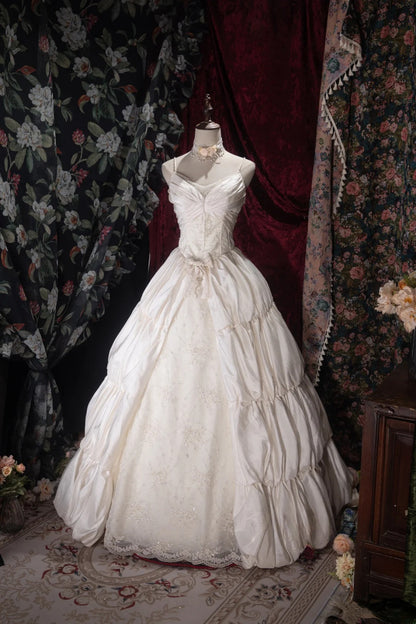 Vintage 80s Ball Gown Spaghetti Straps Ivory Satin With Lace Long Autumn Brides Gown Bridal Dress Wedding Dresses RB8064