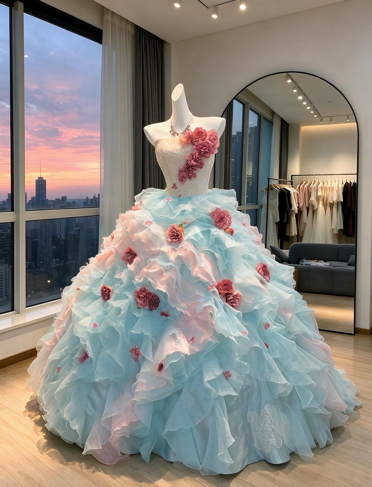 Beautiful Quinceanera Dress Ball Gown Off Shoulder Blue Pink With Layers Tiered 16th Birthday Party Outfit RC0998