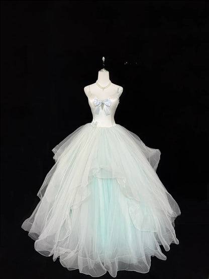 Modest Ball Gown Spaghetti Strap Mint Green Tulle With Ruffled Quince Dress Voluminous Sweet 16 Sweet Sixteen Outfits Vestido de RB7410