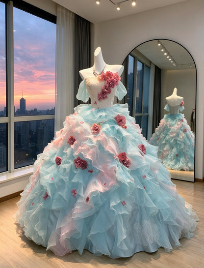 Beautiful Quinceanera Dress Ball Gown Off Shoulder Blue Pink With Layers Tiered 16th Birthday Party Outfit RC0998