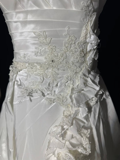 Women's Ball Gown One Shoulder Sleeveless White Lace Tiered Satin Long Vintage Fitted 70s Wedding Dresses AS039